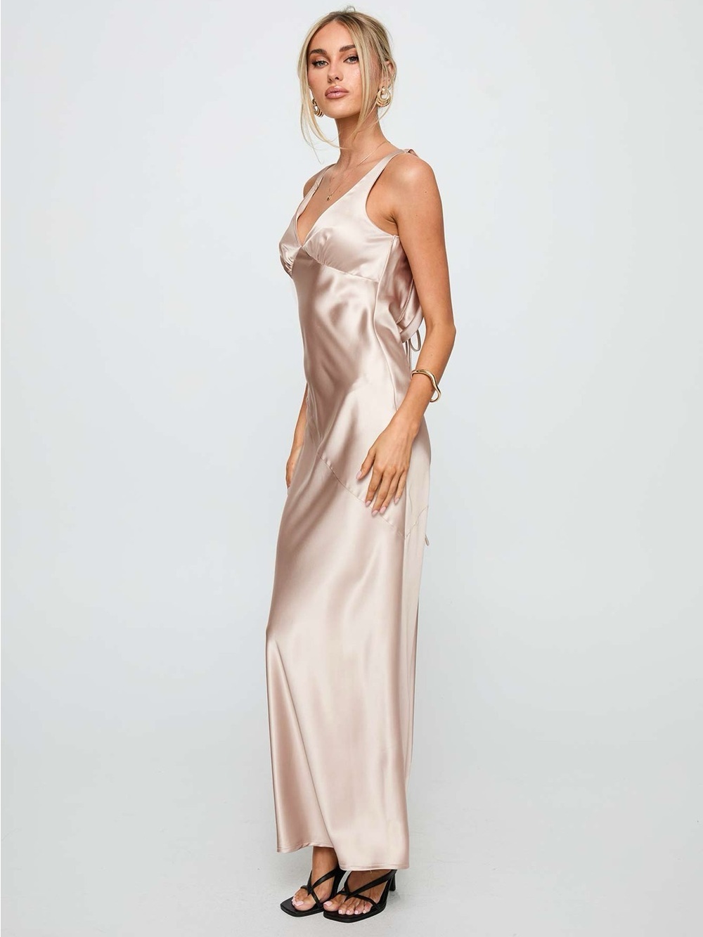 PRINCESS POLLY Northern Star Open Back Satin Maxi Gown - Champagne Size 6 - Picture 3 of 12